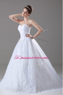 White Tulle Lace Up Wedding Gowns Sleeveless Brush Train Beading and Lace