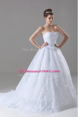 White Tulle Lace Up Wedding Gowns Sleeveless Brush Train Beading and Lace