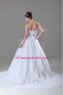 White Tulle Lace Up Wedding Gowns Sleeveless Brush Train Beading and Lace