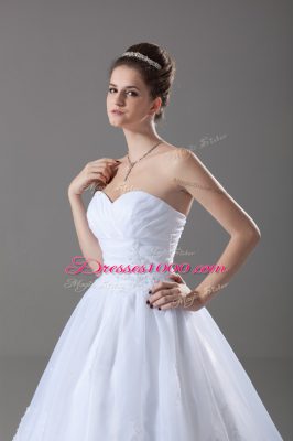 White Tulle Lace Up Wedding Gowns Sleeveless Brush Train Beading and Lace