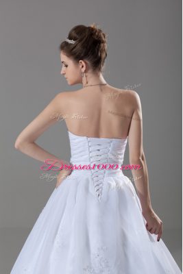 White Tulle Lace Up Wedding Gowns Sleeveless Brush Train Beading and Lace