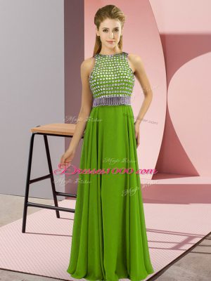 Fine Olive Green Empire Scoop Sleeveless Chiffon Floor Length Side Zipper Beading Womens Evening Dresses