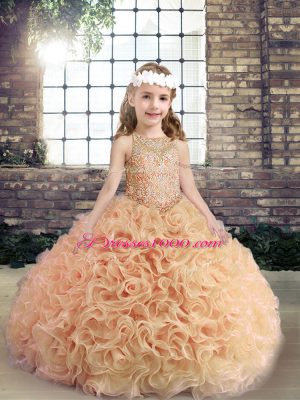Peach Ball Gowns Beading Pageant Gowns For Girls Lace Up Sleeveless Floor Length
