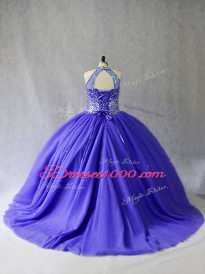 Noble Blue Halter Top Lace Up Beading Quinceanera Gowns Brush Train Sleeveless