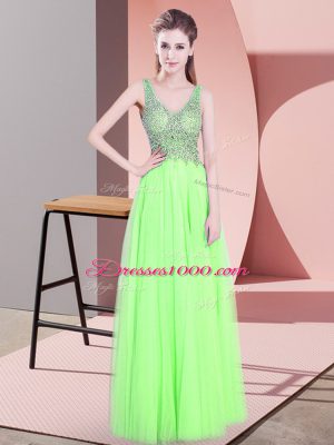 Sweet Yellow Green Sleeveless Floor Length Beading Zipper Dress for Prom