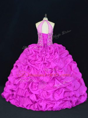 Fuchsia Ball Gowns Halter Top Sleeveless Taffeta Floor Length Lace Up Beading and Appliques and Pick Ups Ball Gown Prom Dress