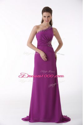 Sleeveless Beading and Ruching Backless Prom Dresses with Fuchsia Brush Train