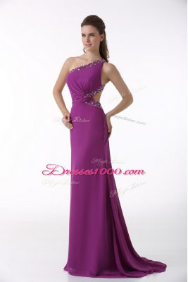 Sleeveless Beading and Ruching Backless Prom Dresses with Fuchsia Brush Train