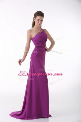 Sleeveless Beading and Ruching Backless Prom Dresses with Fuchsia Brush Train