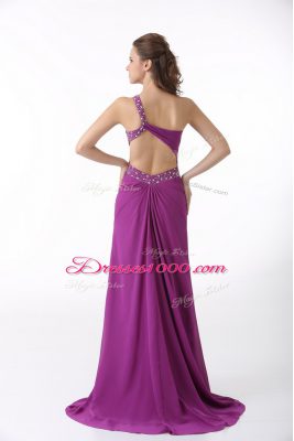 Sleeveless Beading and Ruching Backless Prom Dresses with Fuchsia Brush Train