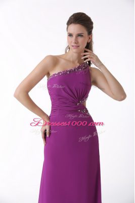 Sleeveless Beading and Ruching Backless Prom Dresses with Fuchsia Brush Train