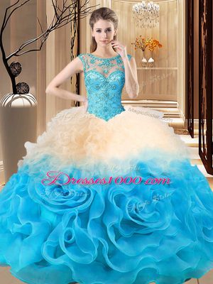 Fantastic Scoop Sleeveless Fabric With Rolling Flowers 15th Birthday Dress Beading and Ruffles Lace Up