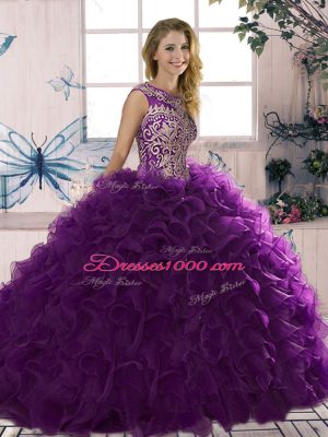 Floor Length Lace Up Vestidos de Quinceanera Purple for Military Ball and Sweet 16 and Quinceanera with Beading and Ruffles