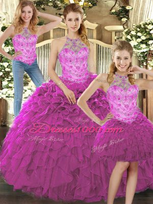 Adorable Fuchsia Organza Lace Up Halter Top Sleeveless Floor Length Sweet 16 Dresses Beading and Ruffles