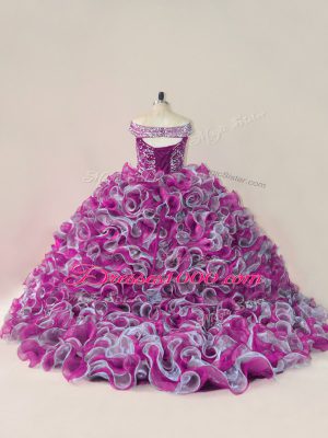 Fabulous Organza Off The Shoulder Sleeveless Brush Train Lace Up Beading and Ruffles 15 Quinceanera Dress in Multi-color
