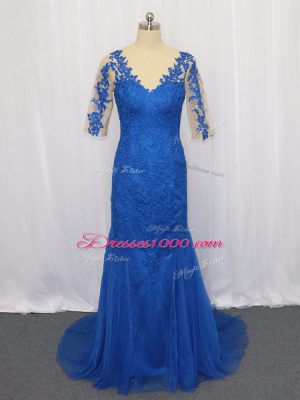 3 4 Length Sleeve Tulle Brush Train Zipper Prom Evening Gown in Blue with Lace and Appliques