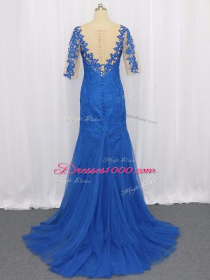 3 4 Length Sleeve Tulle Brush Train Zipper Prom Evening Gown in Blue with Lace and Appliques