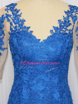 3 4 Length Sleeve Tulle Brush Train Zipper Prom Evening Gown in Blue with Lace and Appliques