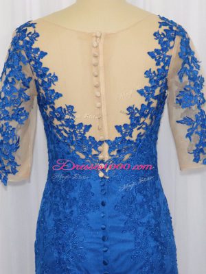 3 4 Length Sleeve Tulle Brush Train Zipper Prom Evening Gown in Blue with Lace and Appliques