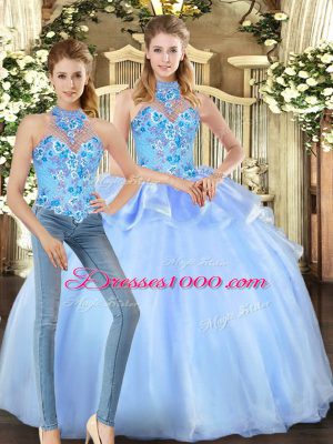 Most Popular Blue Quinceanera Gown Military Ball and Sweet 16 and Quinceanera with Embroidery Halter Top Sleeveless Lace Up