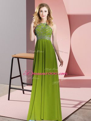 Olive Green Chiffon Backless Prom Gown Sleeveless Floor Length Beading