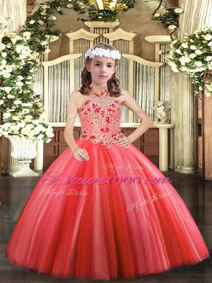 Adorable Halter Top Sleeveless Tulle Pageant Gowns For Girls Appliques Lace Up