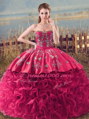 Extravagant Coral Red Sweet 16 Dresses Fabric With Rolling Flowers Sleeveless Embroidery and Ruffles