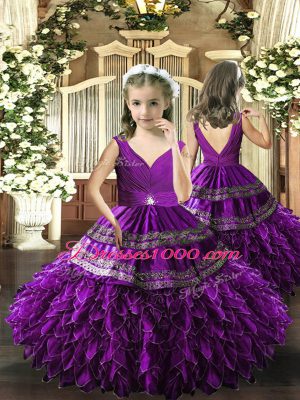 Stylish Floor Length Eggplant Purple Pageant Gowns V-neck Sleeveless Backless