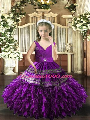 Stylish Floor Length Eggplant Purple Pageant Gowns V-neck Sleeveless Backless