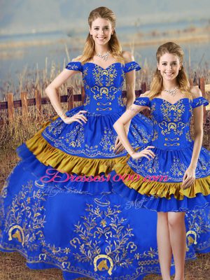 Fashion Off The Shoulder Sleeveless 15 Quinceanera Dress Embroidery Blue Satin