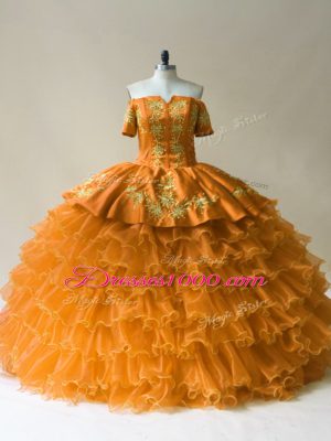 Enchanting Gold Sweet 16 Dresses Sweet 16 and Quinceanera with Embroidery and Ruffled Layers Off The Shoulder Sleeveless Lace Up