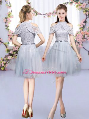 Fantastic High-neck Sleeveless Quinceanera Dama Dress Mini Length Lace and Belt Grey Tulle