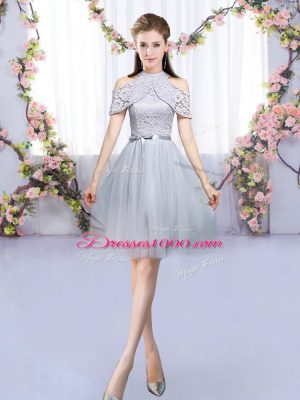 Fantastic High-neck Sleeveless Quinceanera Dama Dress Mini Length Lace and Belt Grey Tulle