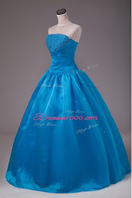 Blue Sleeveless Beading Floor Length Quinceanera Dresses