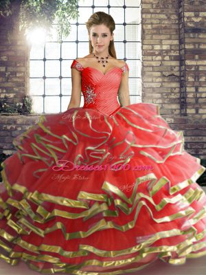 Off The Shoulder Sleeveless Tulle Vestidos de Quinceanera Beading and Ruffled Layers Lace Up