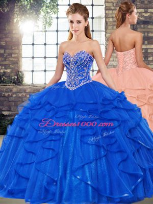 Royal Blue Sweetheart Neckline Beading and Ruffles Quinceanera Dresses Sleeveless Lace Up