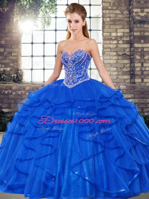 Royal Blue Sweetheart Neckline Beading and Ruffles Quinceanera Dresses Sleeveless Lace Up