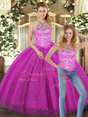 Noble Halter Top Sleeveless Lace Up Quinceanera Gowns Fuchsia Tulle