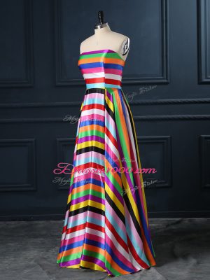 Fancy Strapless Sleeveless Teens Party Dress Floor Length Ruching Multi-color Printed