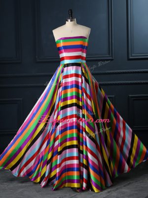 Fancy Strapless Sleeveless Teens Party Dress Floor Length Ruching Multi-color Printed