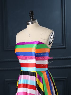 Fancy Strapless Sleeveless Teens Party Dress Floor Length Ruching Multi-color Printed