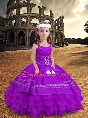 Purple Child Pageant Dress Wedding Party with Embroidery and Ruffled Layers Straps Sleeveless Zipper