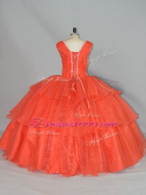 Lovely Organza Straps Sleeveless Lace Up Beading and Ruffled Layers Quinceanera Dresses in Orange Red