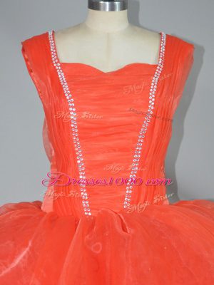 Lovely Organza Straps Sleeveless Lace Up Beading and Ruffled Layers Quinceanera Dresses in Orange Red