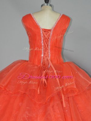 Lovely Organza Straps Sleeveless Lace Up Beading and Ruffled Layers Quinceanera Dresses in Orange Red