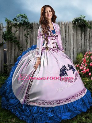 High Class Blue And White Strapless Lace Up Embroidery and Ruffles Sweet 16 Dresses Sleeveless
