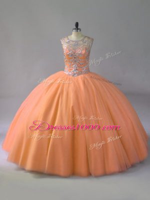 Ideal Ball Gowns Sweet 16 Quinceanera Dress Orange Scoop Tulle Sleeveless Floor Length Lace Up