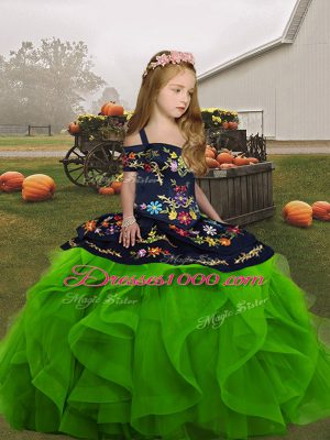 Green Lace Up Pageant Gowns For Girls Embroidery and Ruffles Sleeveless Floor Length