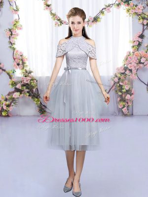 High-neck Sleeveless Zipper Quinceanera Dama Dress Grey Tulle