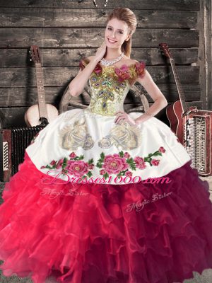 Fitting Off The Shoulder Sleeveless Quinceanera Dress Floor Length Embroidery Hot Pink Satin and Organza